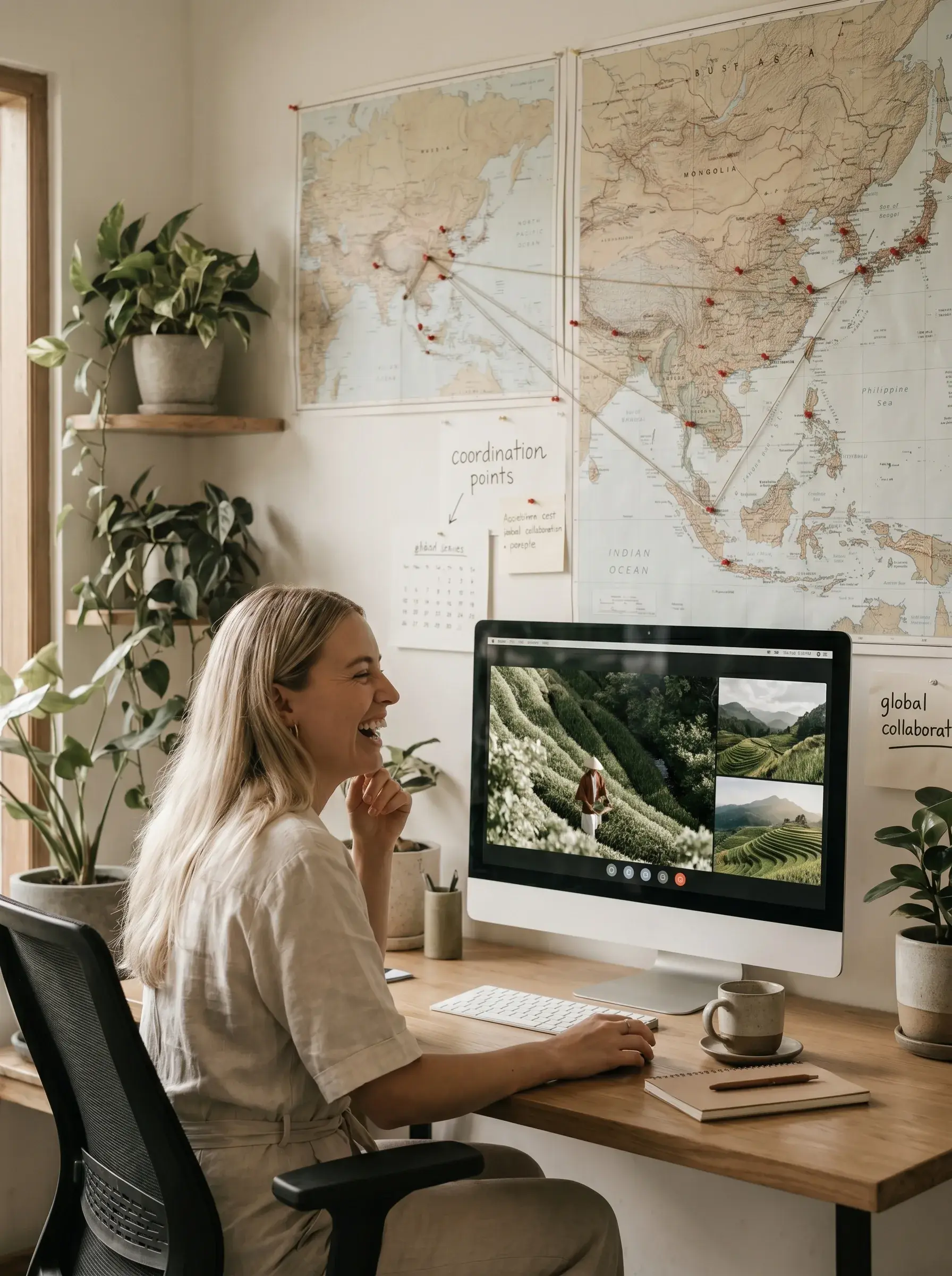 Femme blonde souriante à son bureau devant iMac avec carte du monde épinglée, écran affichant photos de voyage Asie, plantes