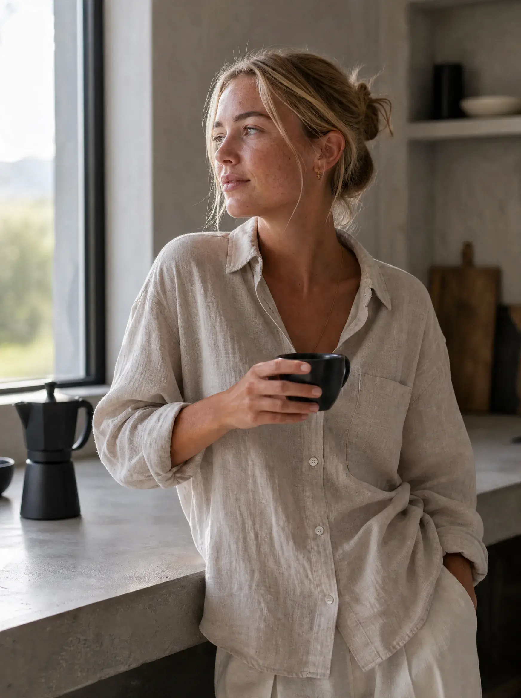 Femme blonde tenant mug café noir – cuisine béton, fenêtre, chemise lin, regard vers l'extérieur