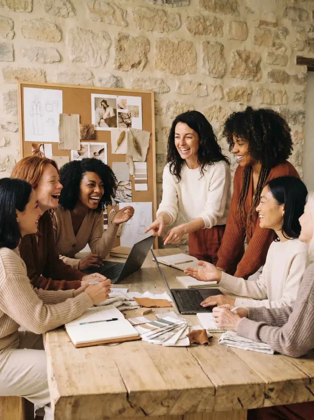 Femme brune animant une présentation laptop devant son équipe dans l'atelier en pierre