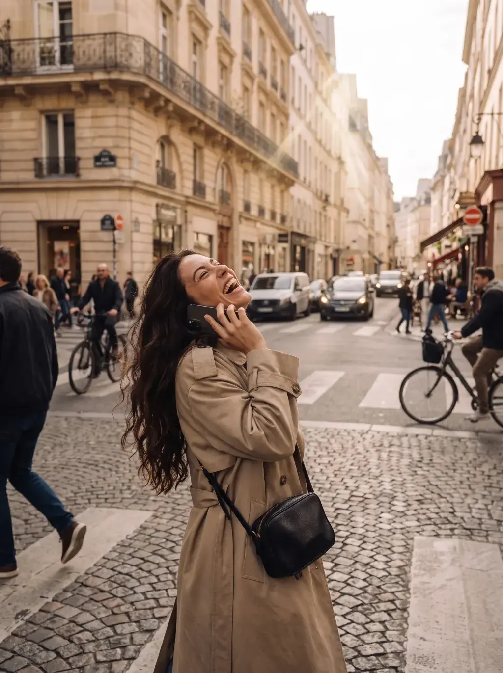Femme brune au téléphone dans une rue animée de Paris