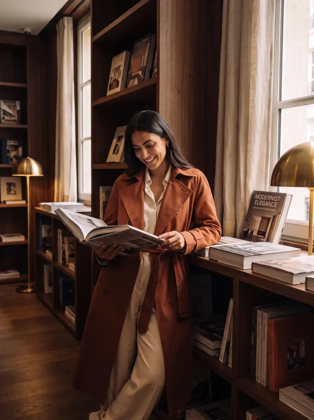 Femme brune en long manteau terracotta souriant avec un magazine dans une bibliothèque dorée