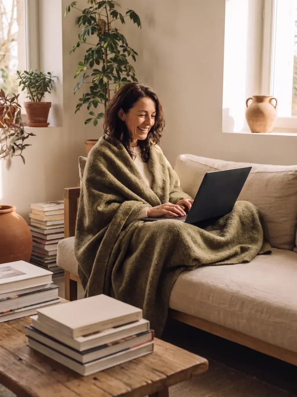 Femme brune enveloppée dans une couverture kaki travaillant sur son laptop dans un salon cosy