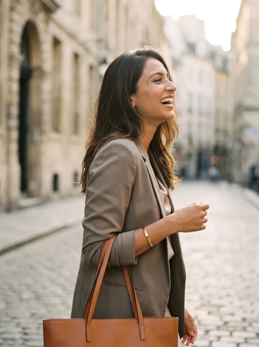 Femme brune souriante marchant dans une ruelle pavée parisienne en contre-jour avec sac cabas