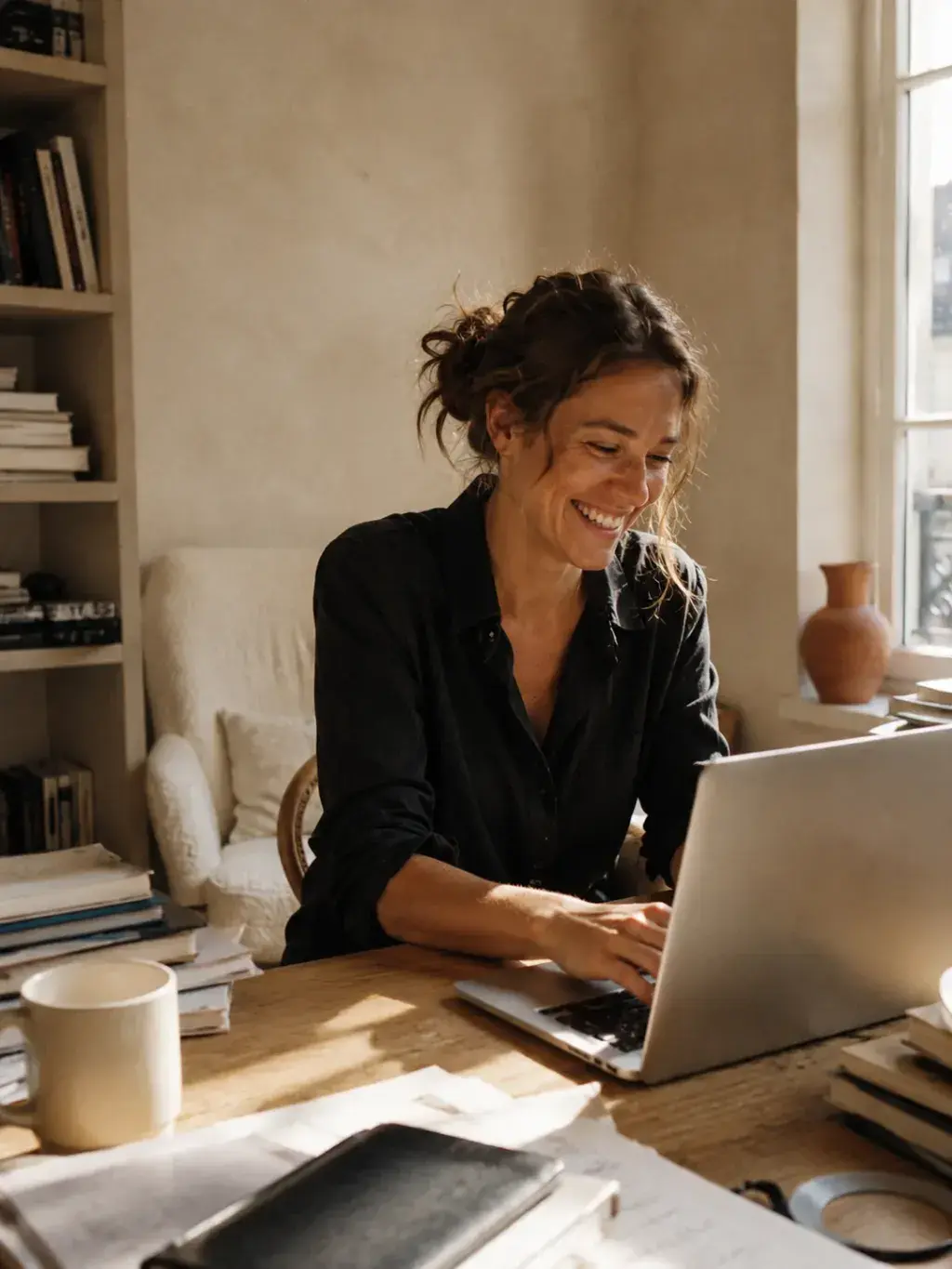 Femme brune travaillant sur son laptop dans un appartement parisien