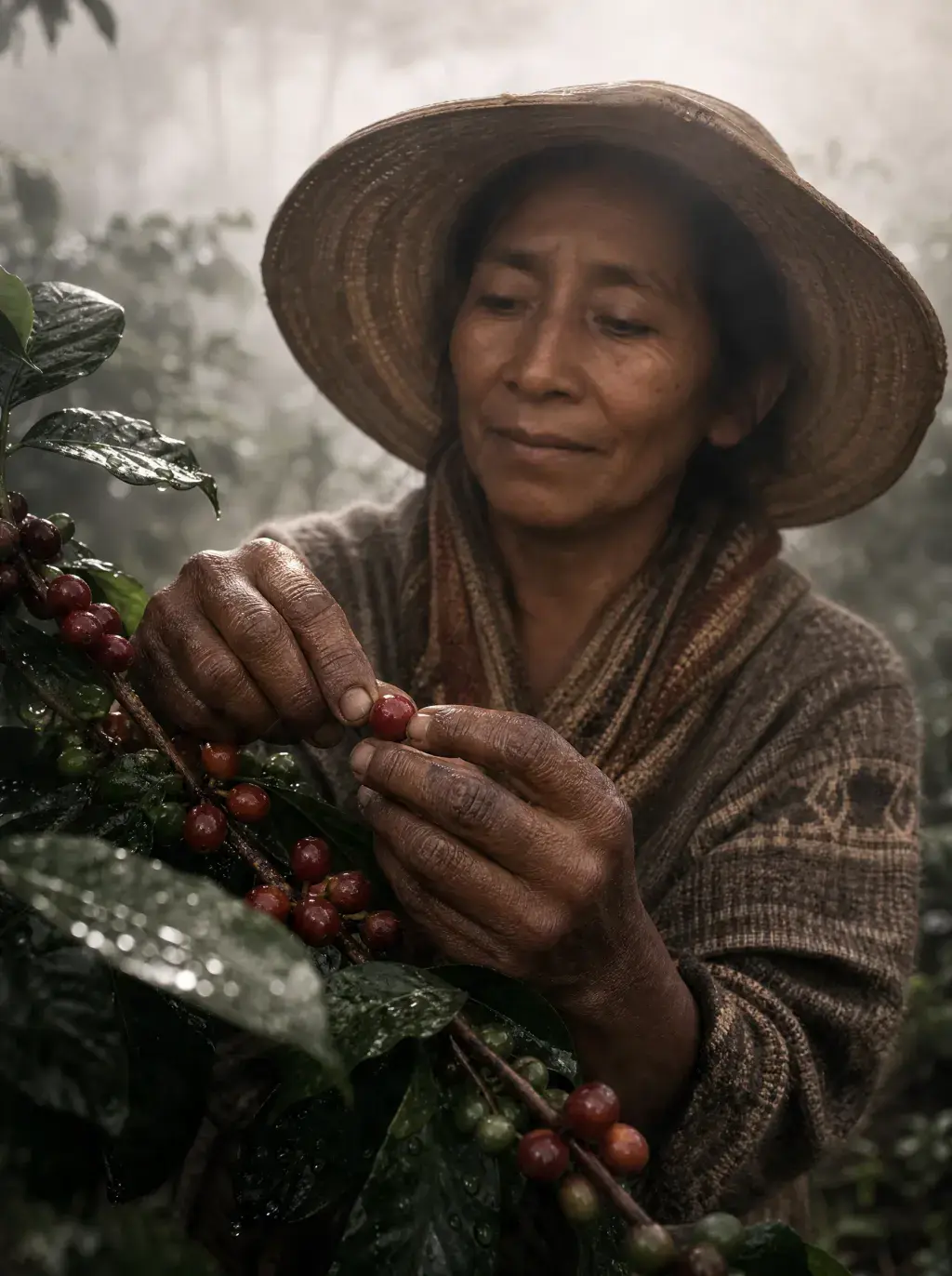 Femme cueilleuse avec chapeau de paille – cerises rouges et vertes, mains, plantation brumeuse