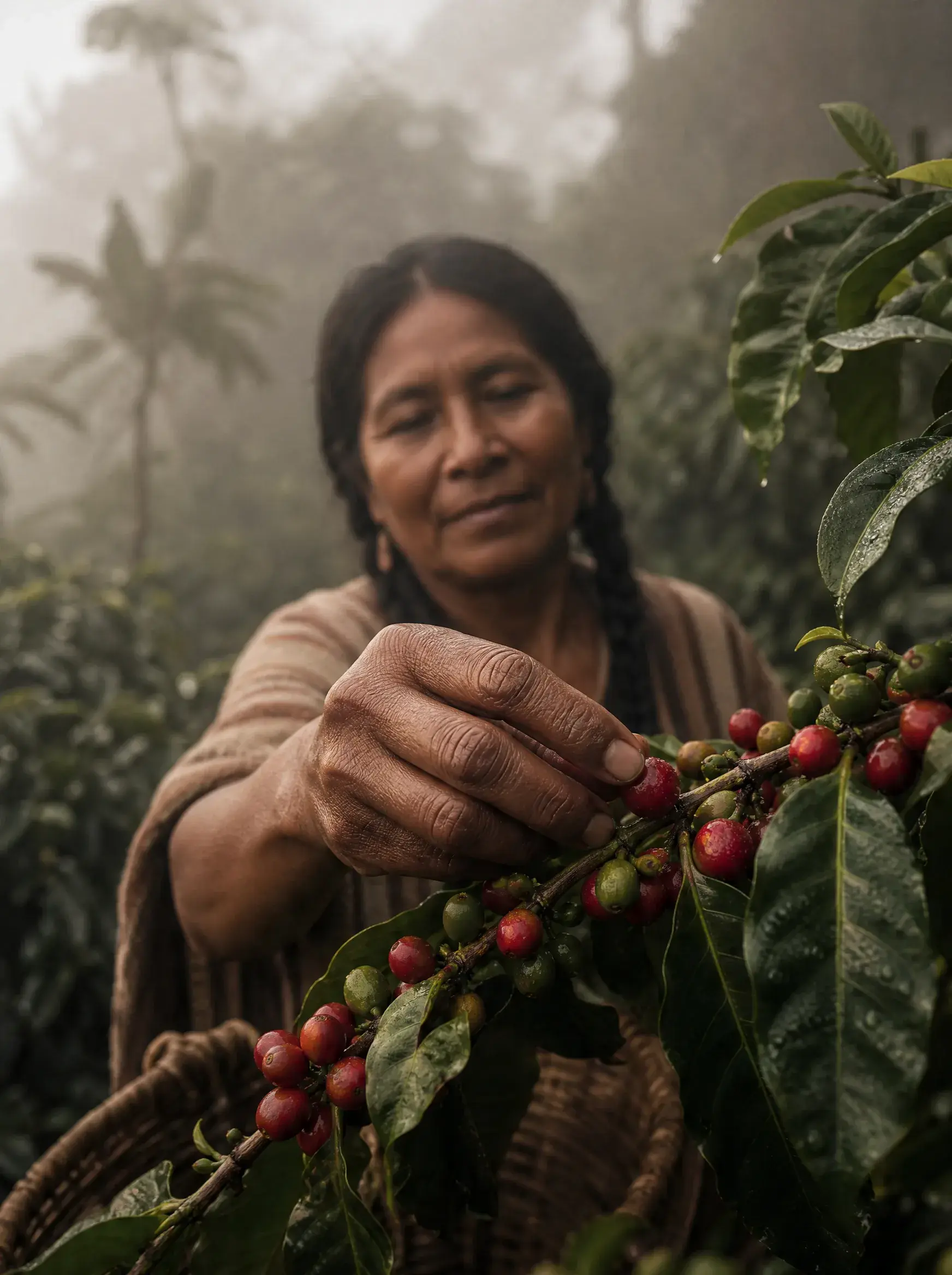 Femme cueilleuse de café dans la brume – cerises rouges, panier osier, plantation, sourire