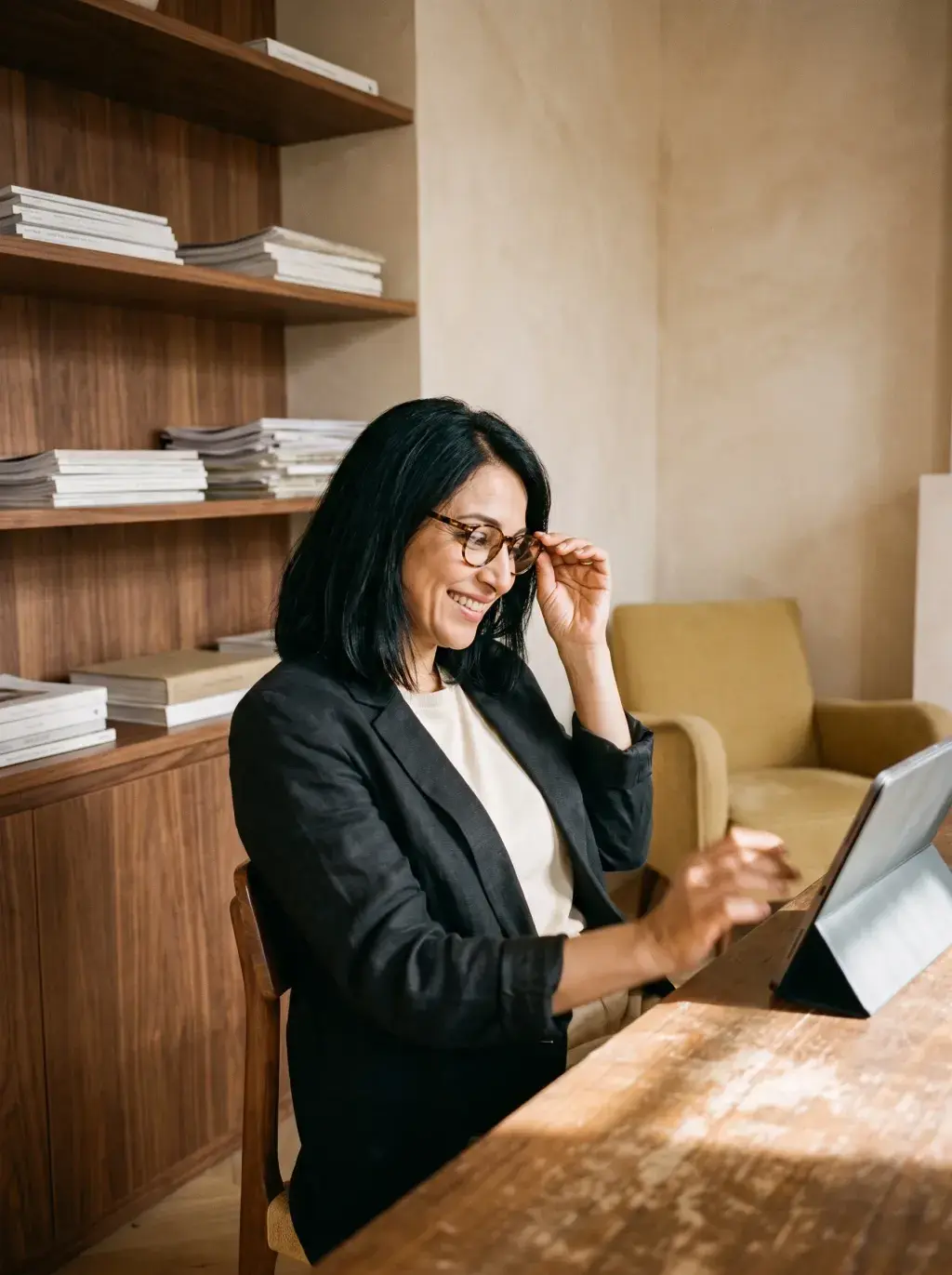 Femme d'affaires ajustant ses lunettes devant sa tablette au bureau