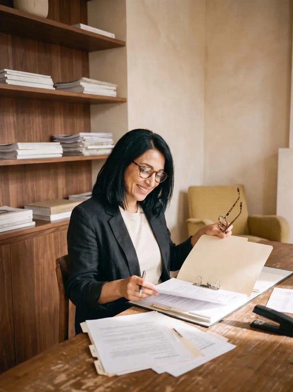 Femme d'affaires consultant des documents dans son bureau