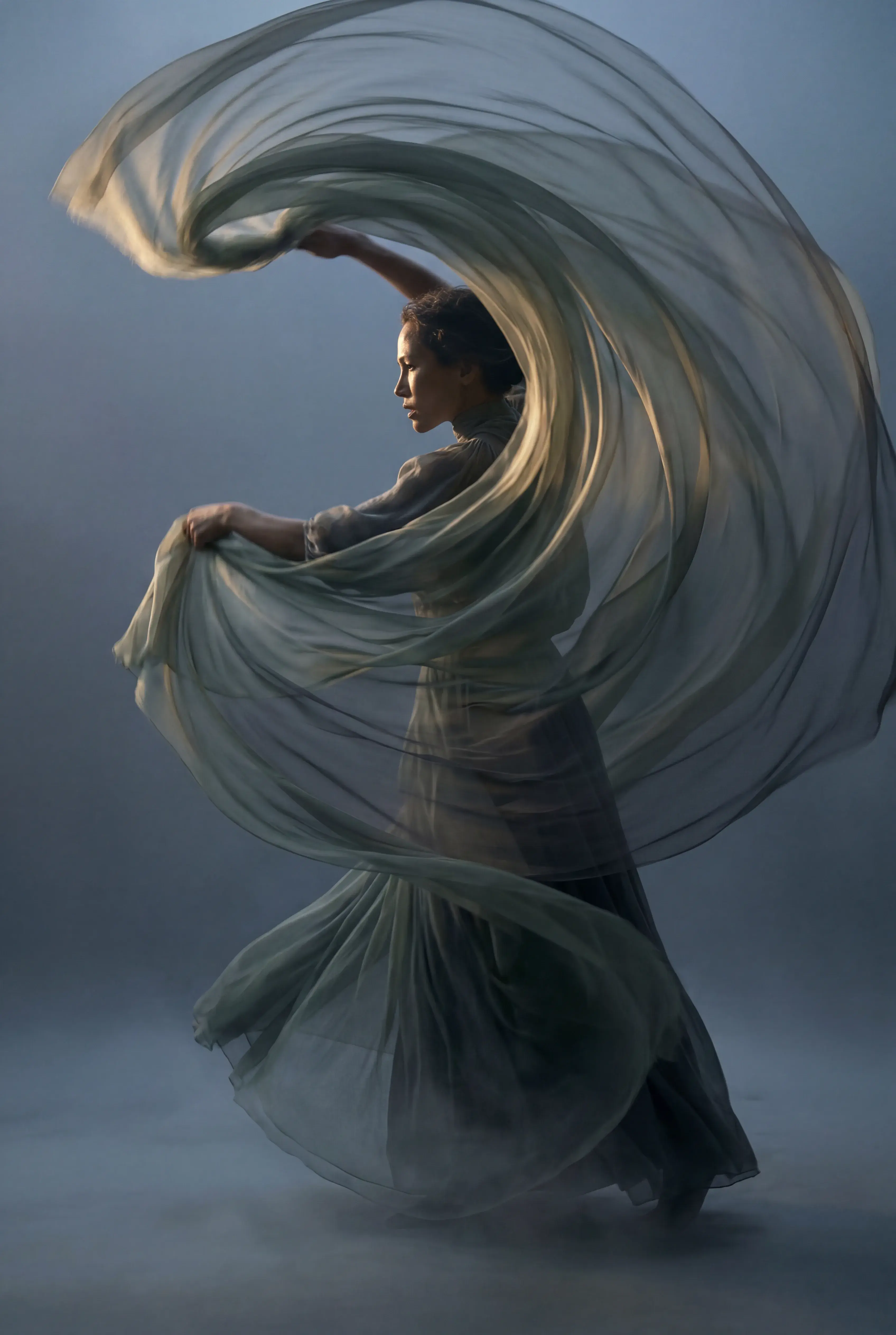 Femme dansant – grand voile gaze vert tourbillonnant en cercle, studio bleu-gris, lumière chaude