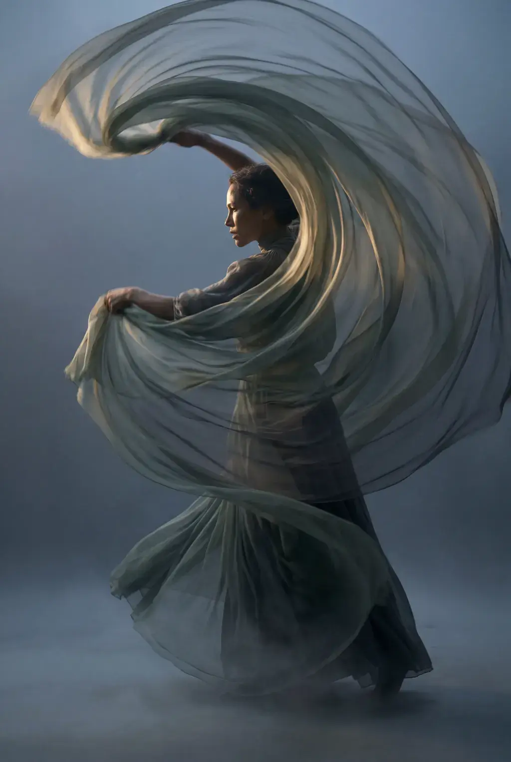 Femme dansant – grand voile gaze vert tourbillonnant en cercle, studio bleu-gris, lumière chaude