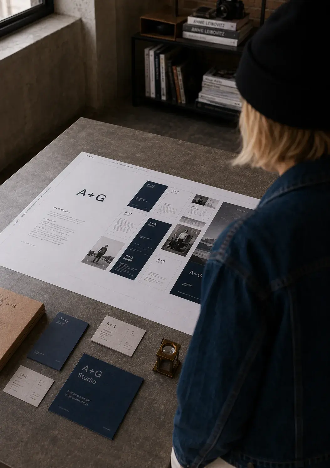 Femme de dos contemplant une grande charte d'identité visuelle A+G déployée sur table avec boîte navy et cartes de visite