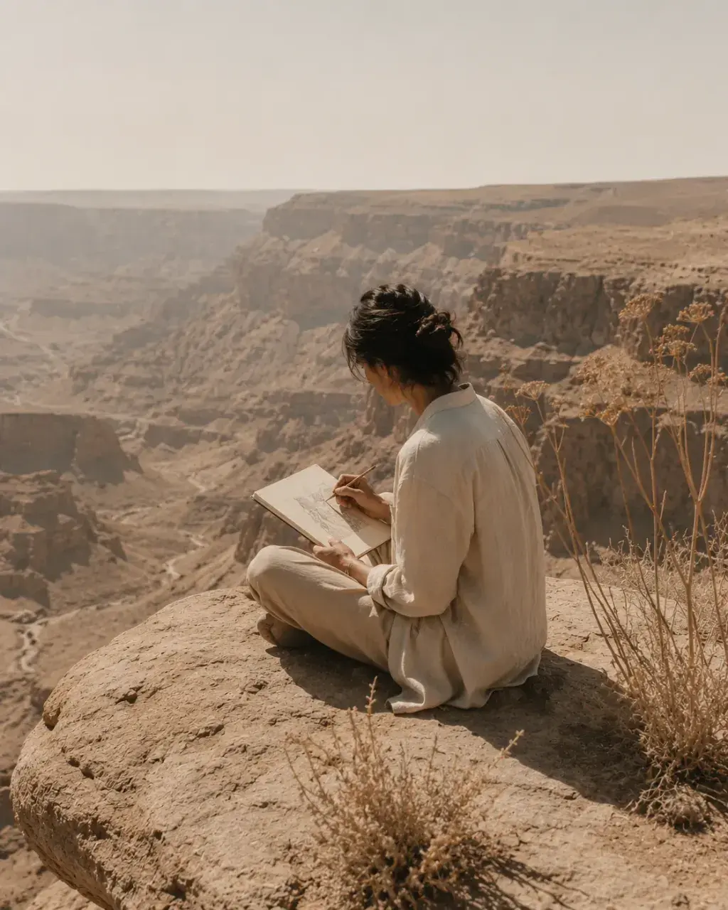 Femme de dos dessinant dans un carnet sur un rocher face à un canyon désertique
