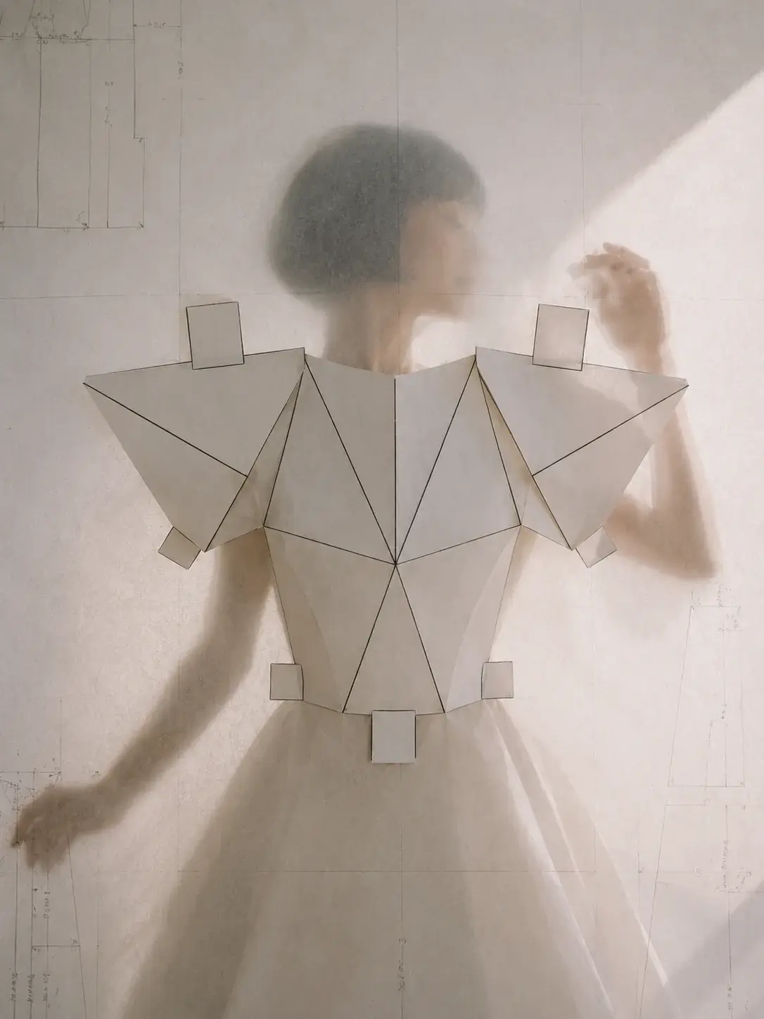 Femme de dos en corsage origami – silhouette diffuse à travers tissu, lumière rasante studio