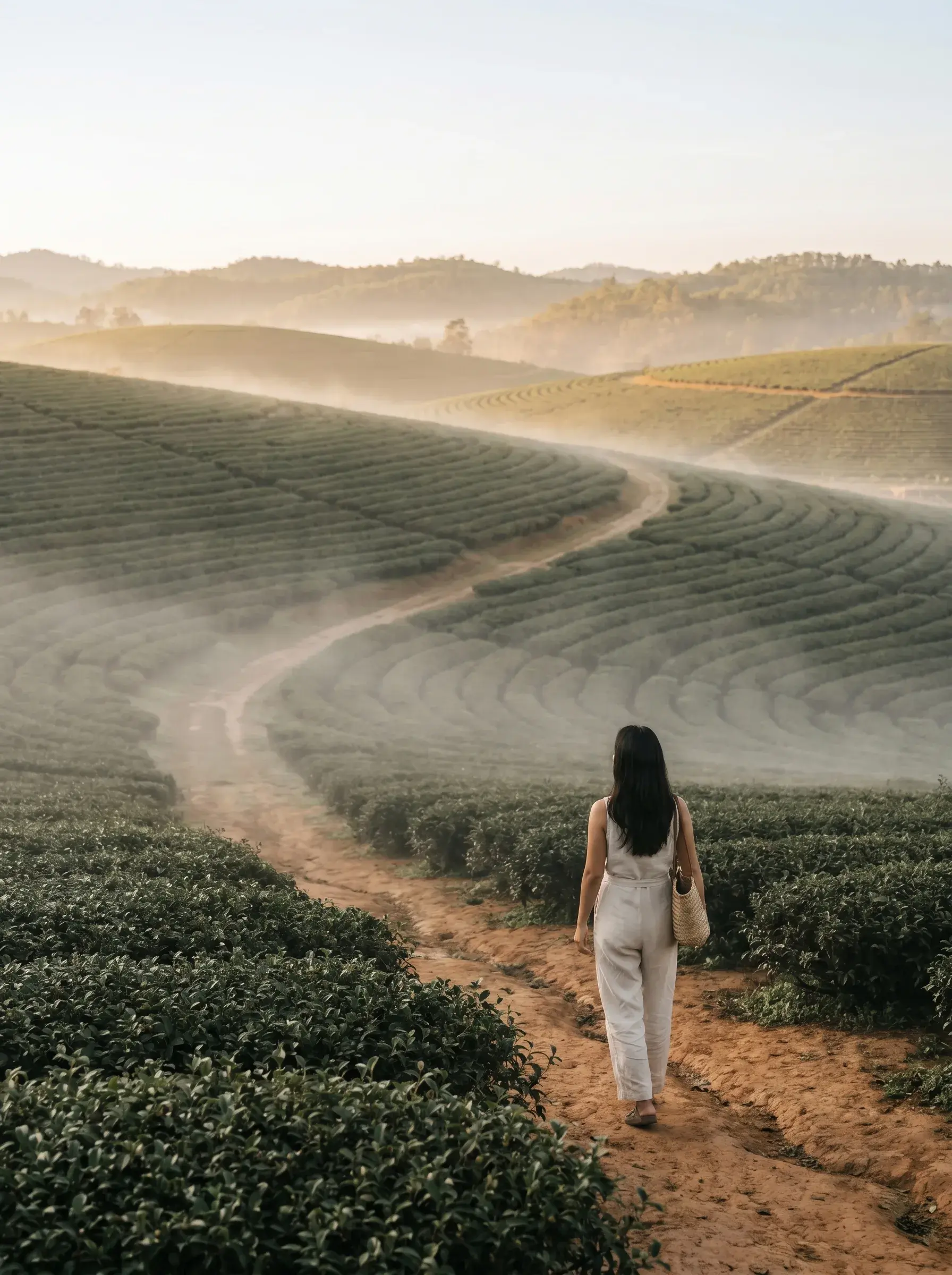 Femme de dos en lin blanc marchant sur sentier de terre entre théiers ondulés en brume matinale rosée, Chiang Rai