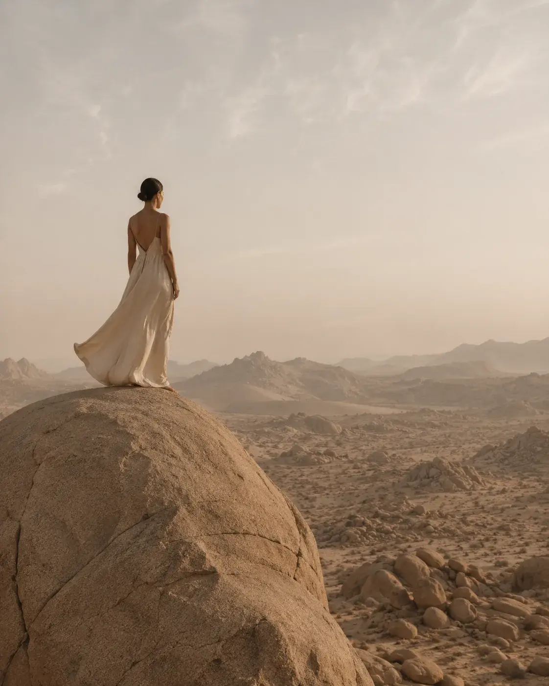 Femme de dos en robe blanche fluide sur rocher désertique – montagnes, lumière rosée, contemplation