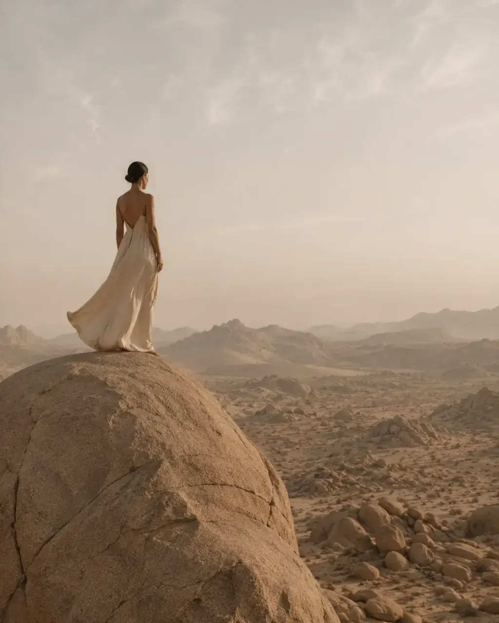 Femme de dos en robe blanche fluide sur rocher désertique – montagnes, lumière rosée, contemplation