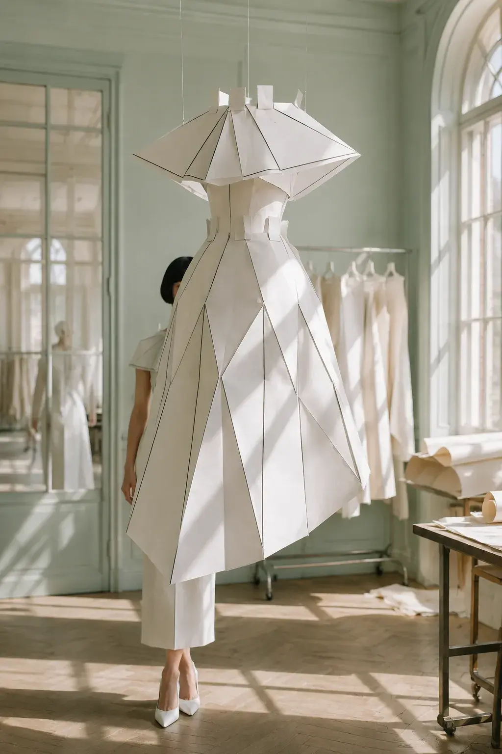 Femme de dos en robe-cape origami à capuchon conique – atelier bleu pâle lumineux