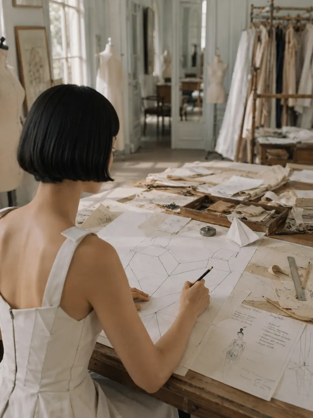 Femme de dos en robe origami traçant un patron – atelier haussmannien avec mannequins et portants