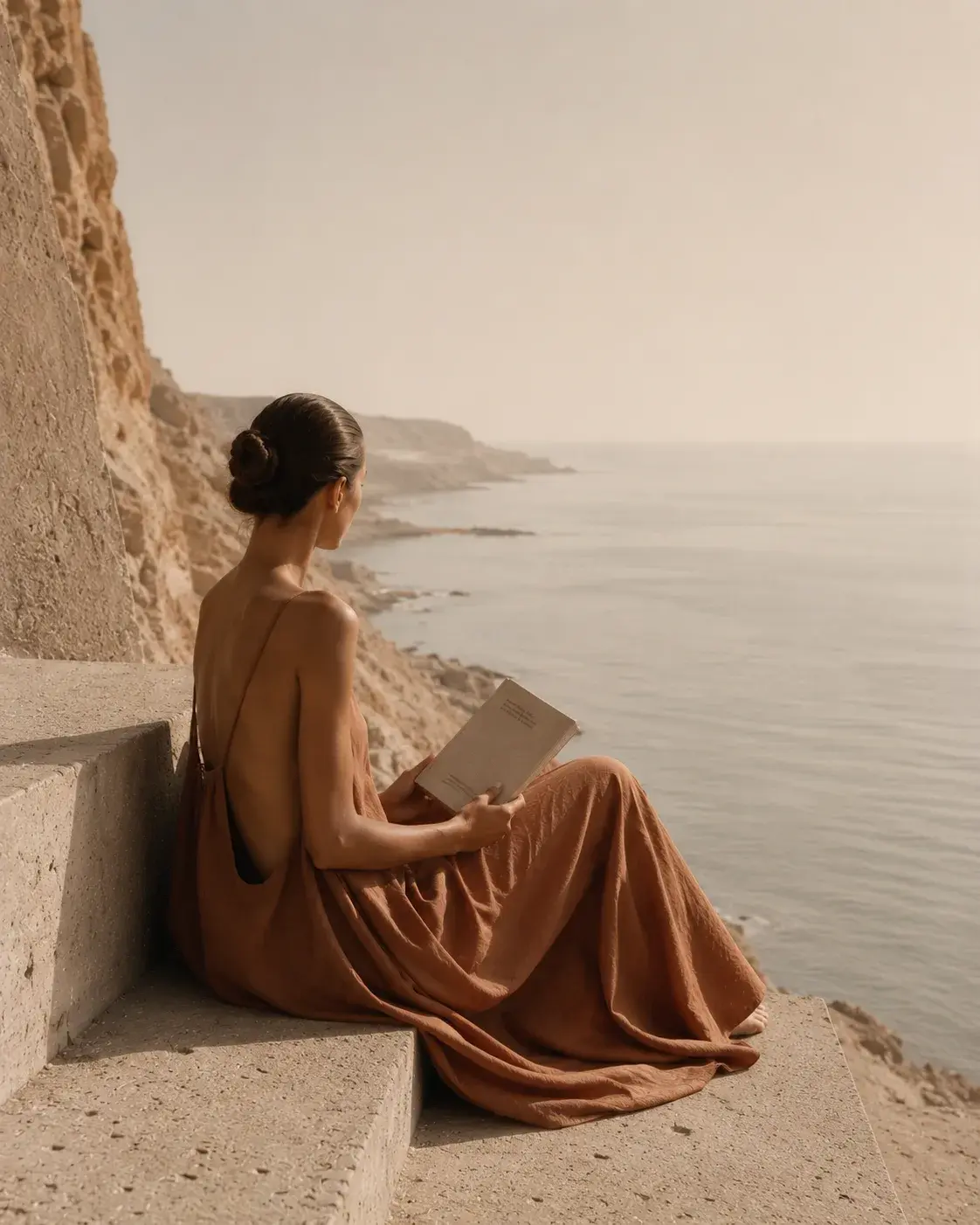 Femme de dos en robe satin terracotta lisant sur rebord calcaire – mer méditerranéenne, falaises