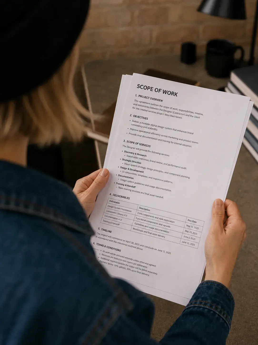Femme de dos lisant un document « Scope of Work » avec liste de livrables et tarifs dans un bureau studio