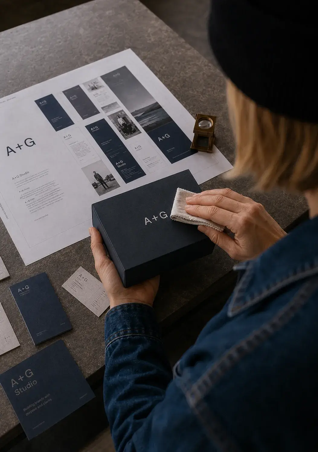 Femme de dos polissant une boîte d'identité visuelle bleue marine A+G Studio sur table béton avec charte graphique et cartes de visite