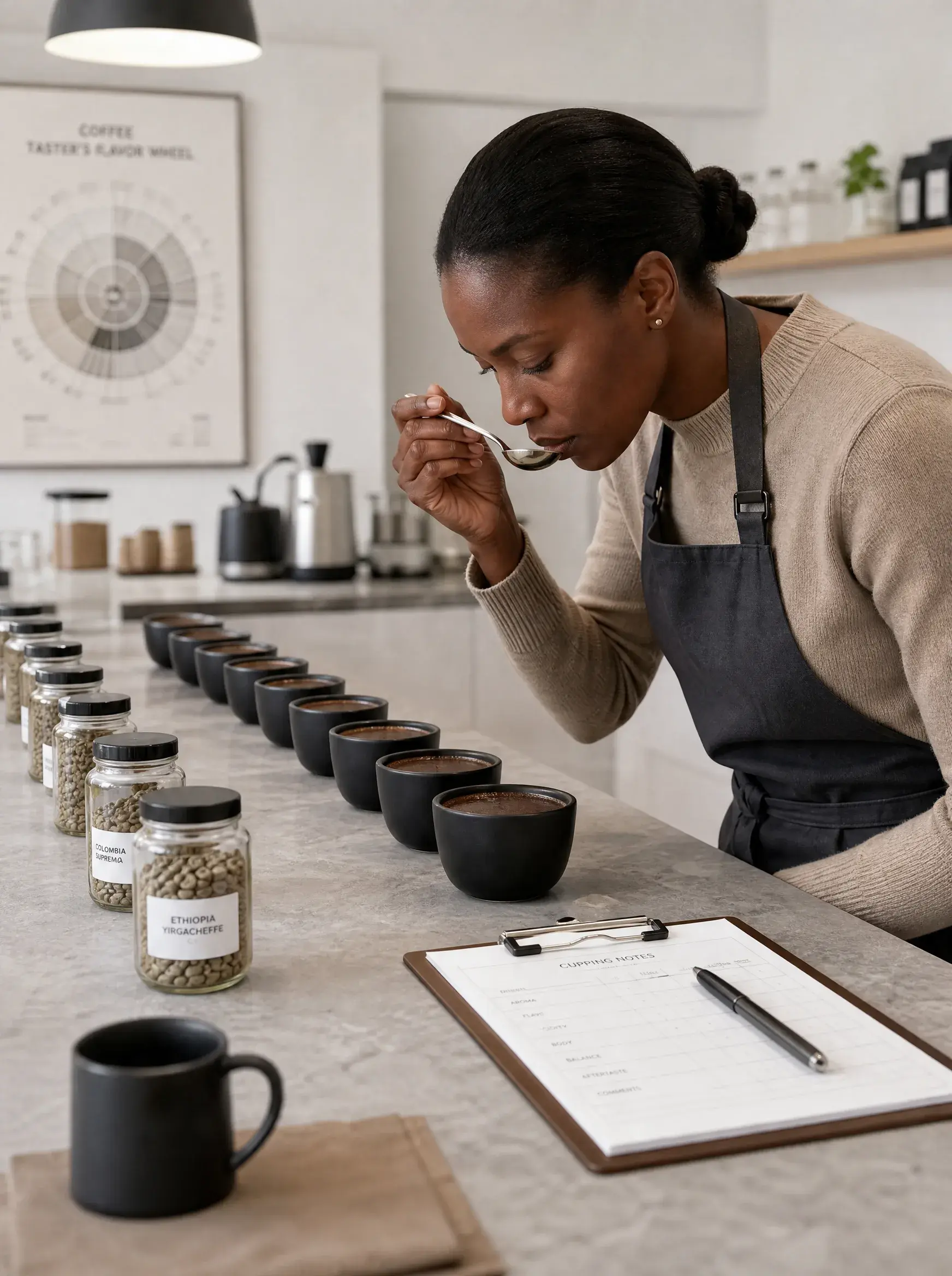 Femme dégustant café à la cuillère – rangée tasses, bocaux grains étiquetés, tablier, affiche roue des arômes
