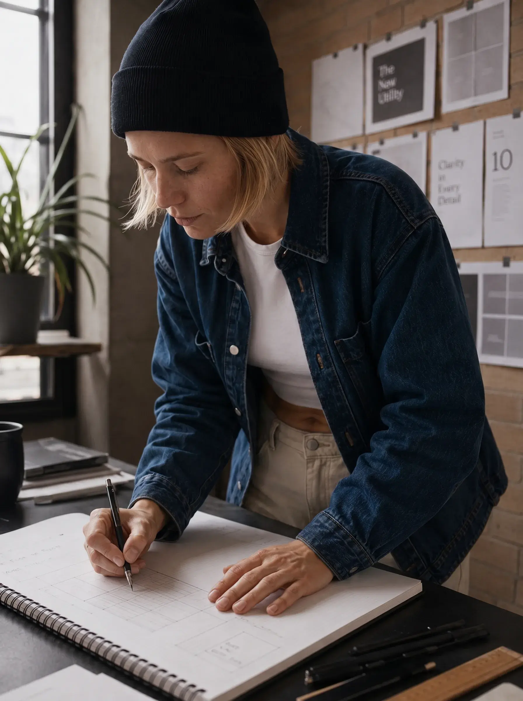 Femme designer dessinant au crayon dans carnet – atelier créatif, planches graphiques au mur