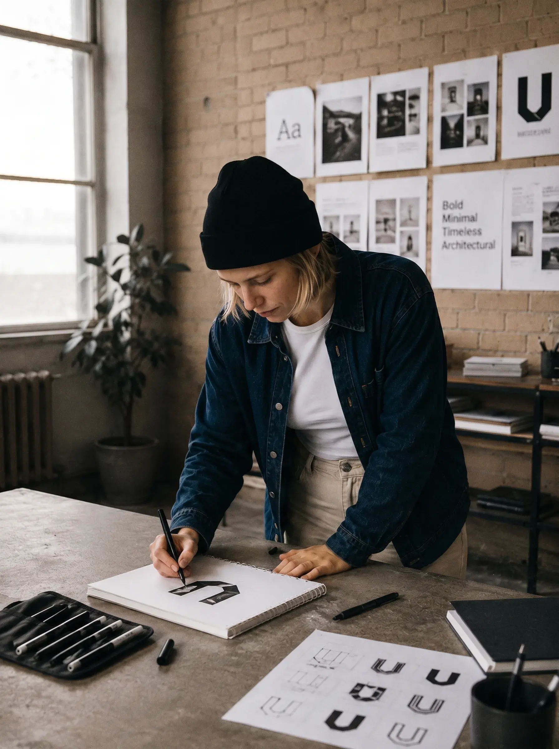 Femme designer dessinant logo à l'encre en atelier – planches graphiques au mur, bonnet noir