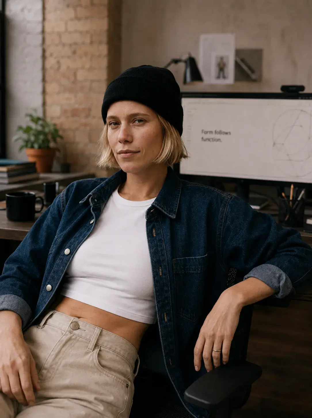 Femme designer en veste jean et bonnet noir assise en fauteuil – atelier créatif, présentation design