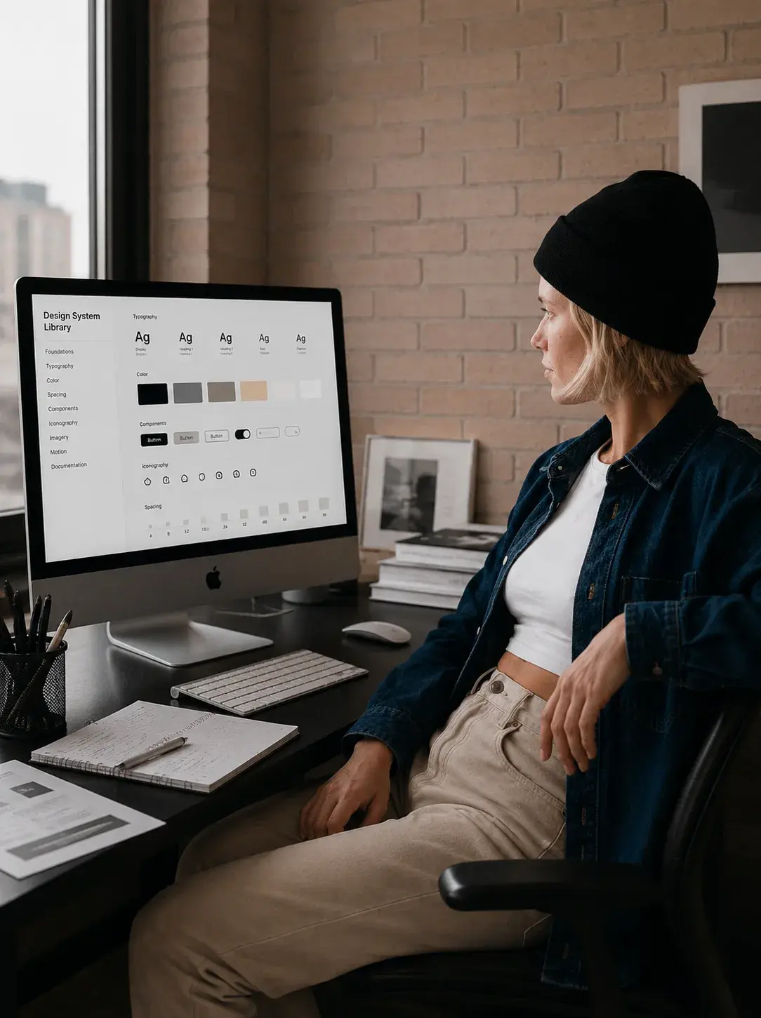 Femme designer regardant écran avec système de design graphique – atelier, veste jean, bonnet noir