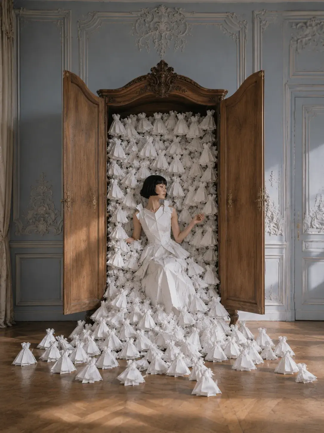 Femme émergeant d'une armoire ancienne pleine de petites robes blanches – salon haussmannien