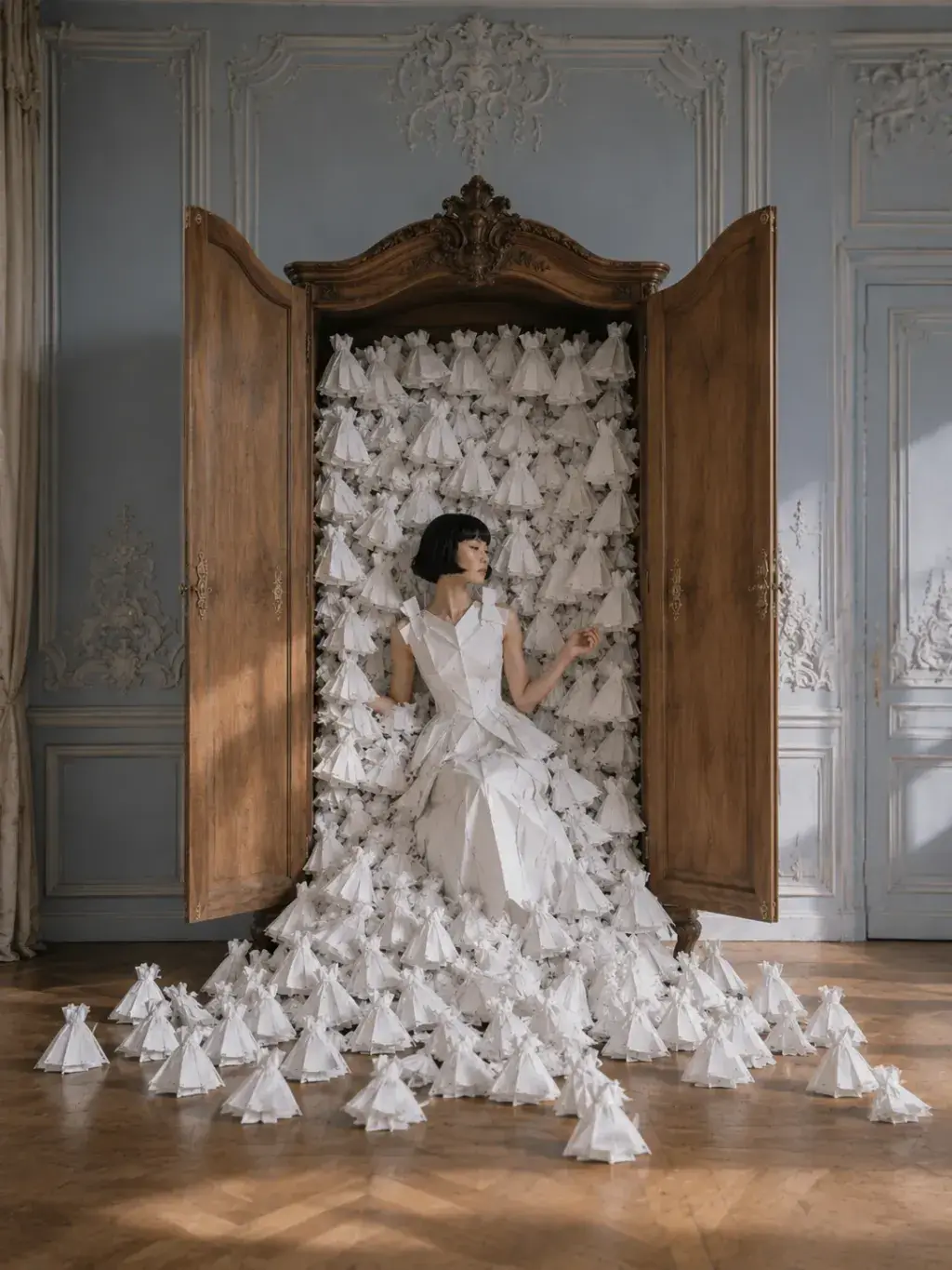 Femme émergeant d'une armoire ancienne pleine de petites robes blanches – salon haussmannien