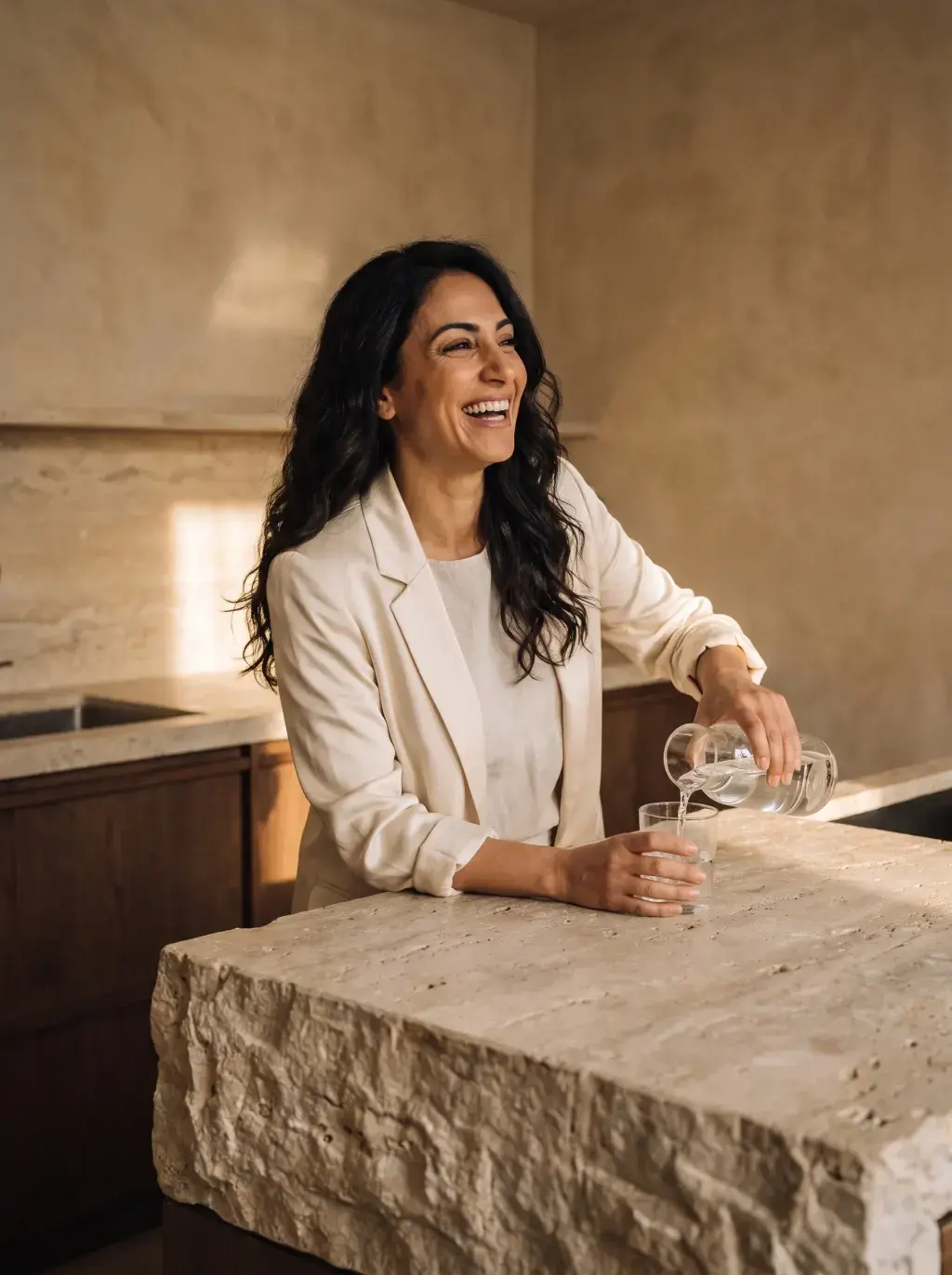Femme en blazer blanc riant en versant de l'eau dans une cuisine en travertin