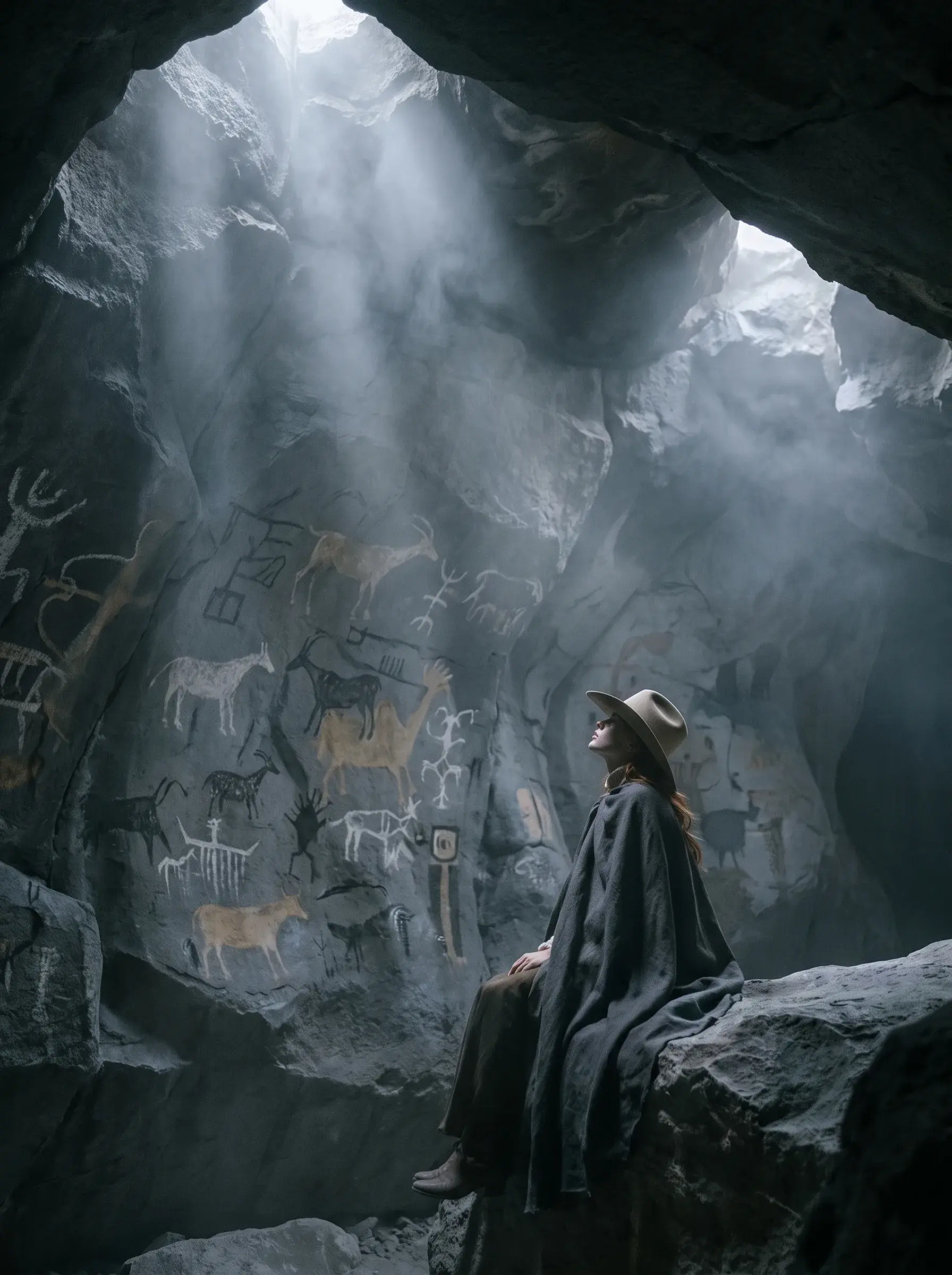 Femme en cape et chapeau assise dans une grotte spectaculaire illuminée par des faisceaux de lumière et peintures rupestres