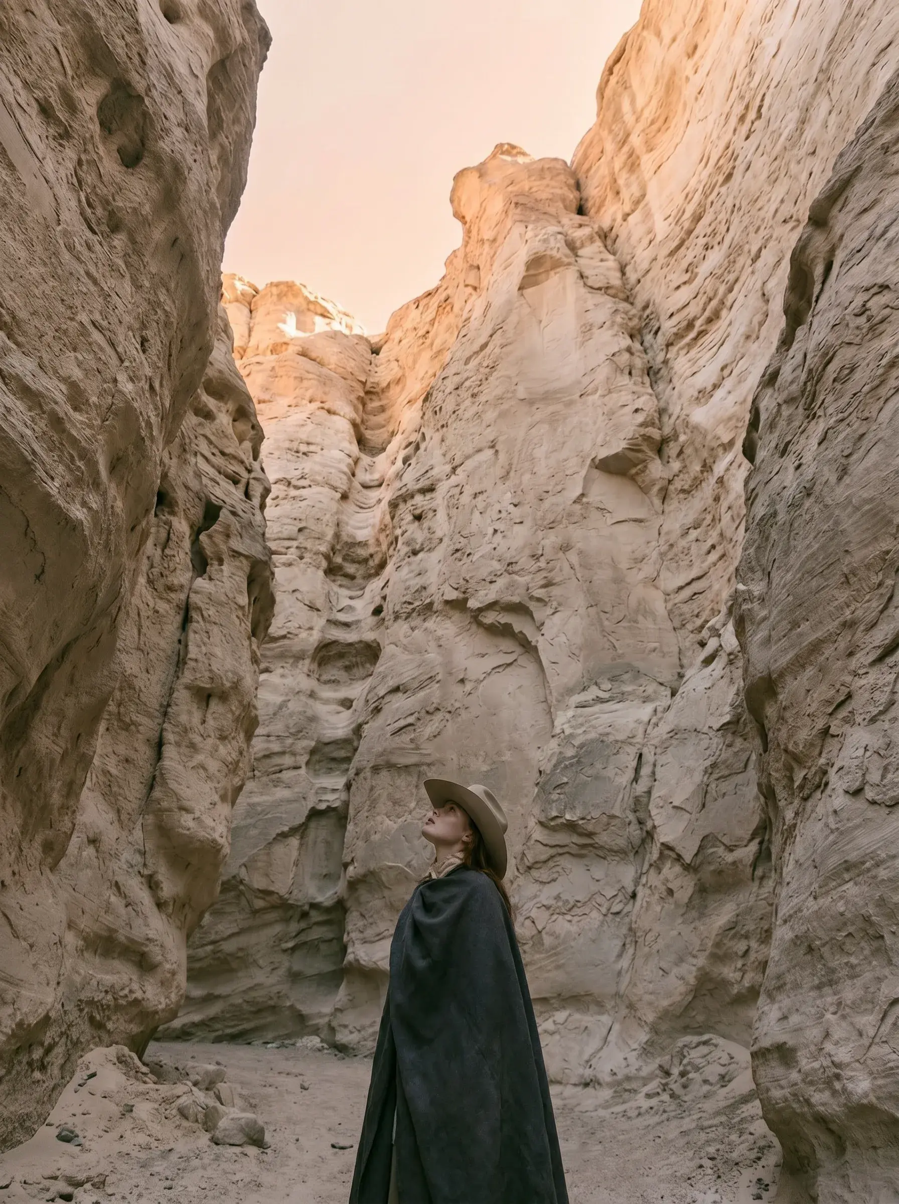 Femme en cape noire et chapeau levant les yeux vers les parois d'un étroit canyon de grès beige