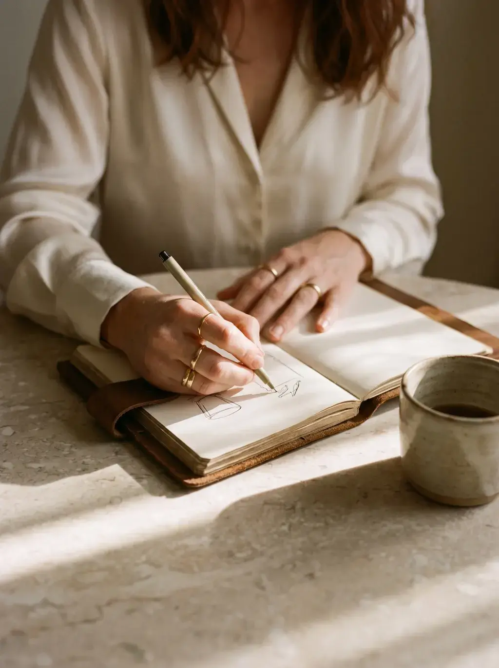Femme en chemise blanche dessinant dans un carnet en cuir avec café