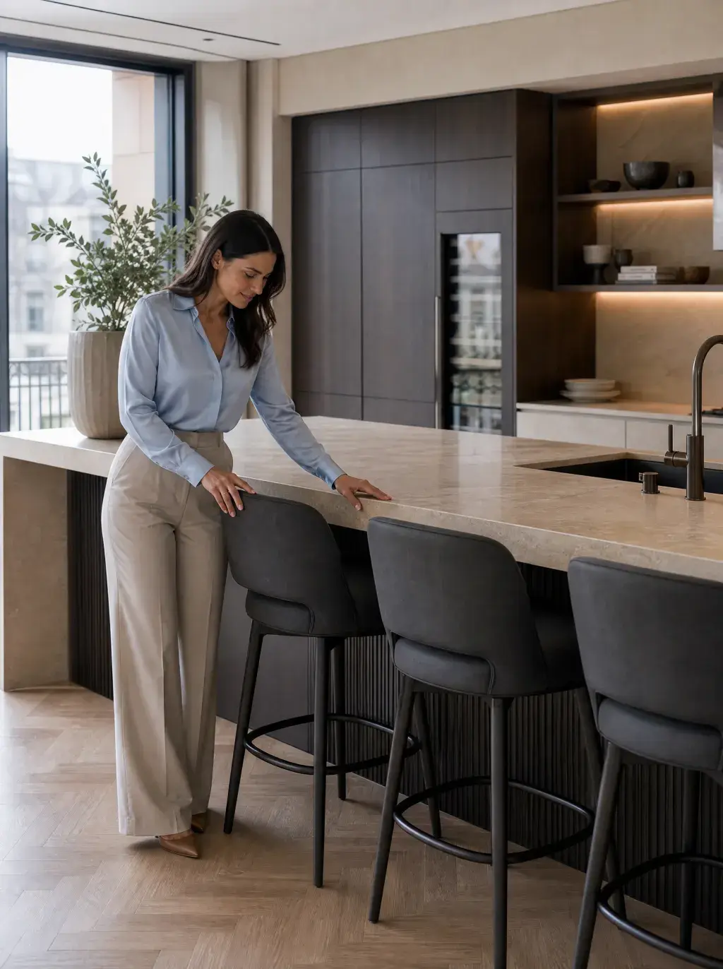 Femme en chemise bleue effleurant un îlot en travertin dans une cuisine bicolore avec parquet en chevrons