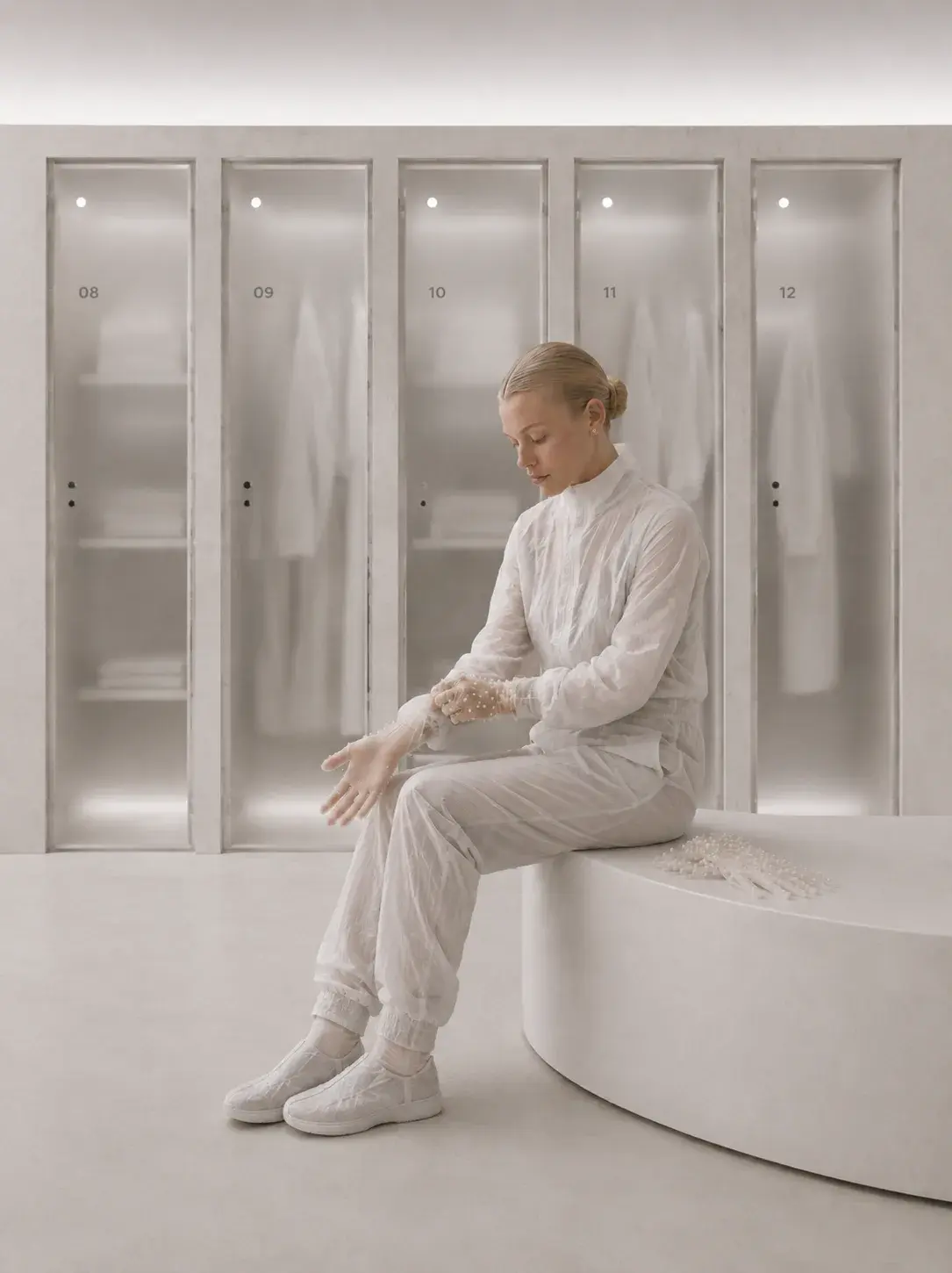 Femme en combinaison blanche assise devant des casiers lumineux, vestiaire de laboratoire futuriste