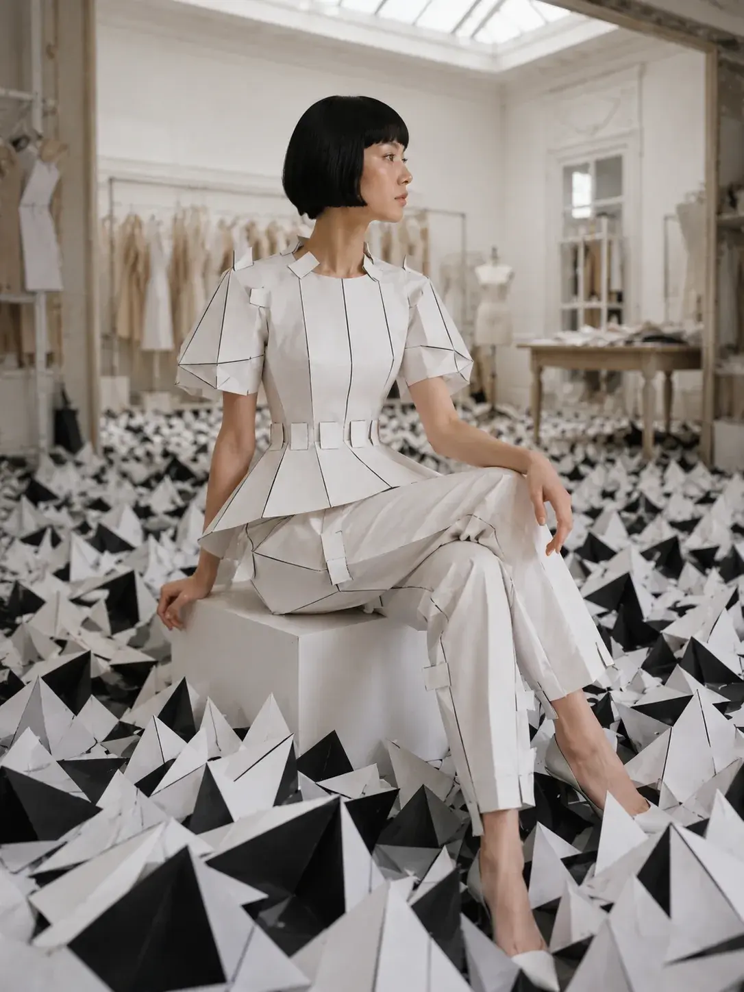 Femme en ensemble origami assise sur cube blanc – sol couvert de pyramides noir et blanc en atelier couture