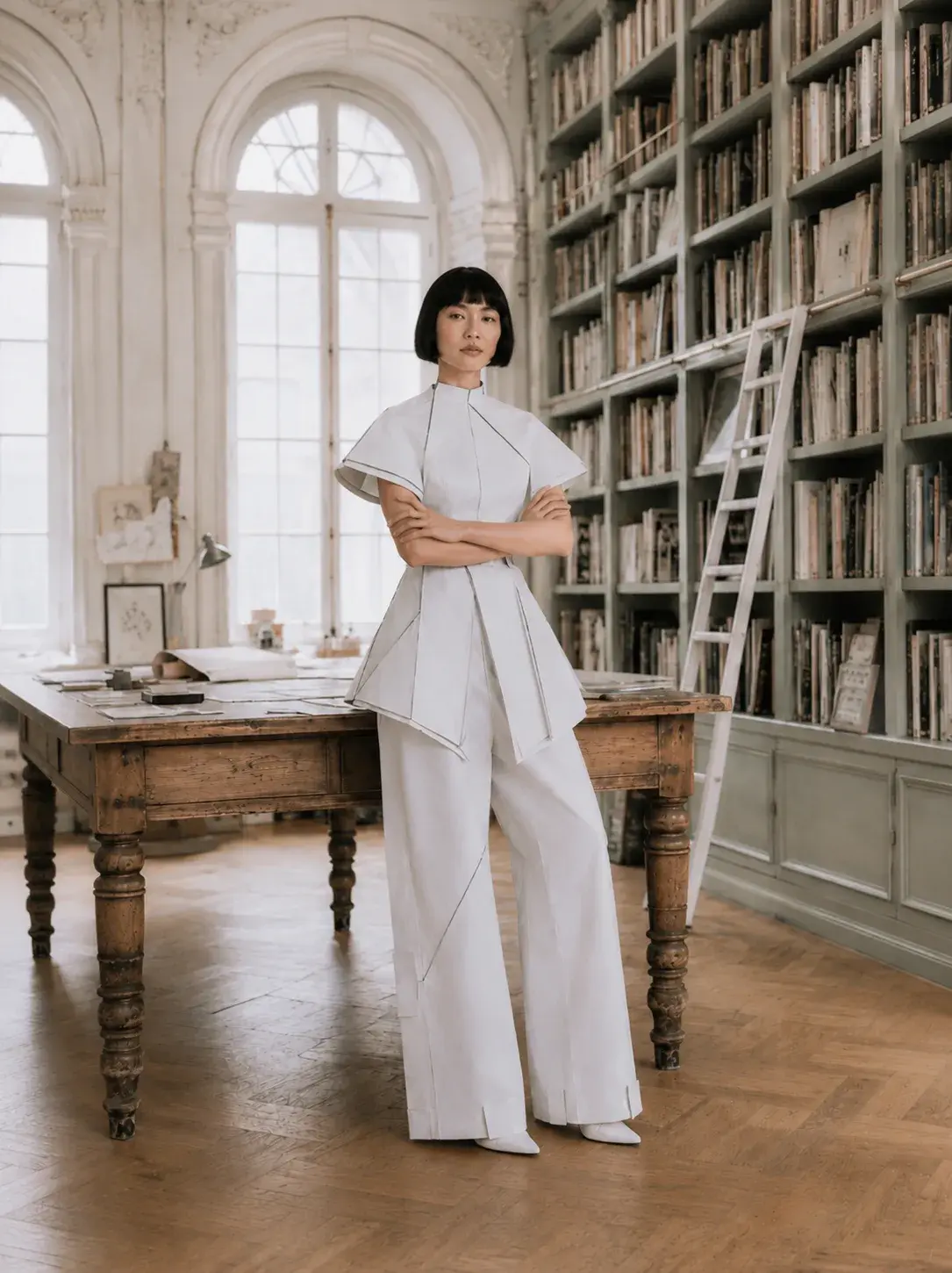 Femme en ensemble origami debout bras croisés – bibliothèque haussmannienne portrait plein pied