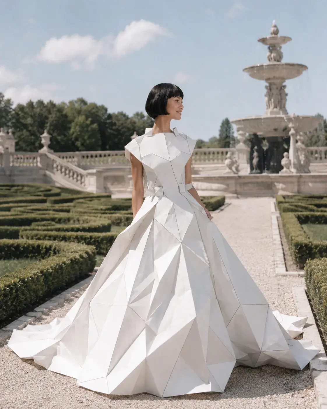 Femme en grande robe origami blanche à traîne – jardin baroque avec fontaine et buis