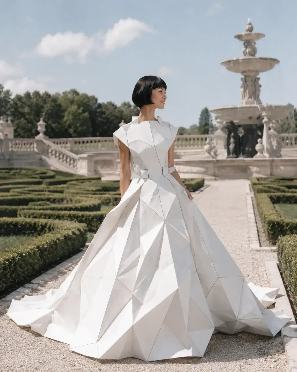 Femme en grande robe origami blanche à traîne – jardin baroque avec fontaine et buis