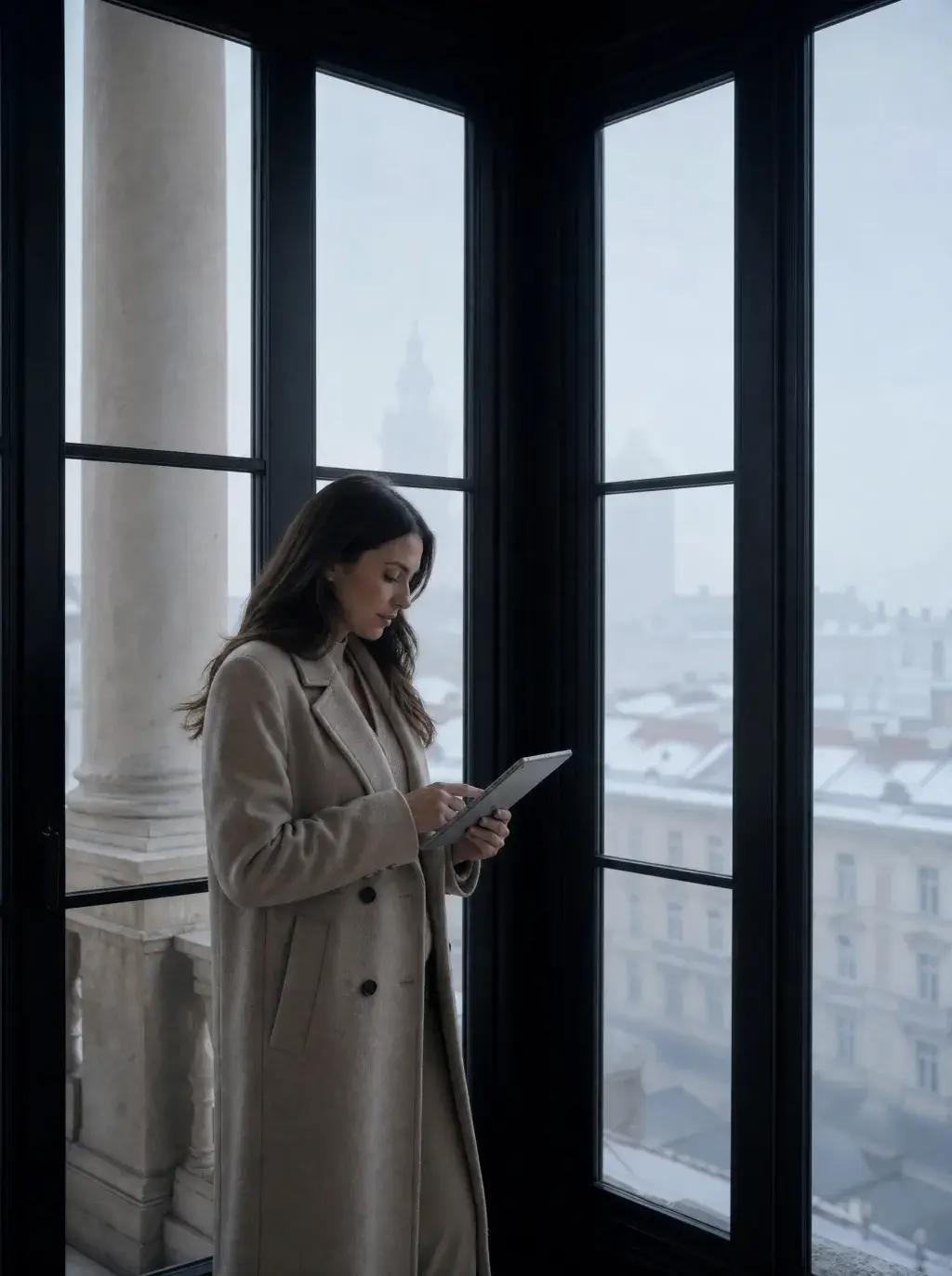 Femme en manteau beige consultant une tablette face à une haute baie vitrée avec vue sur ville enneigée