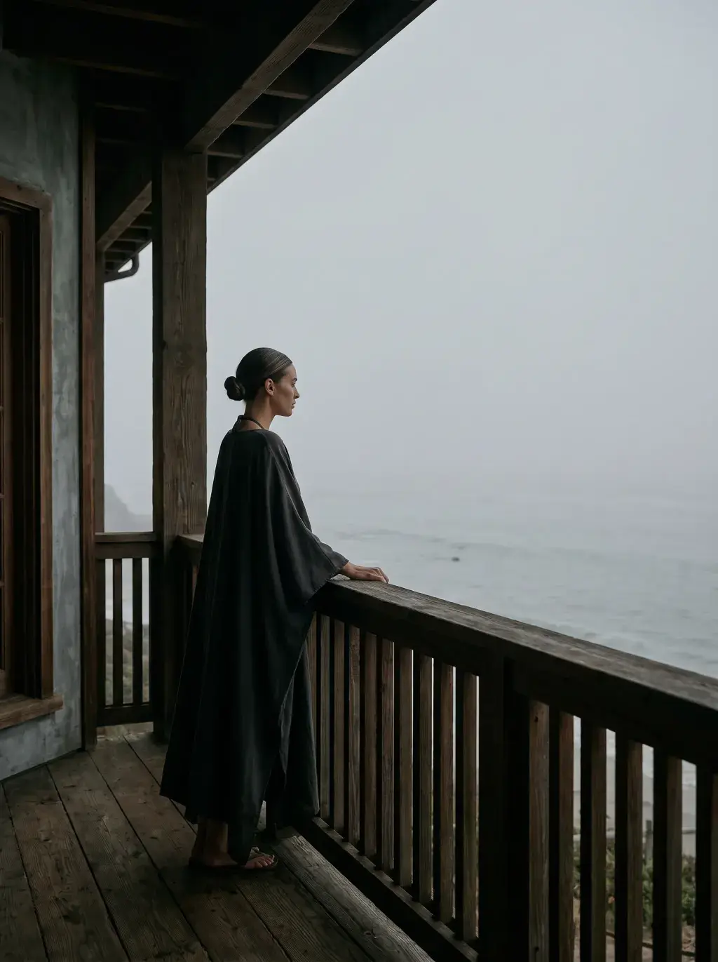 Femme en manteau sombre sur balcon en bois contemplant l'océan dans la brume