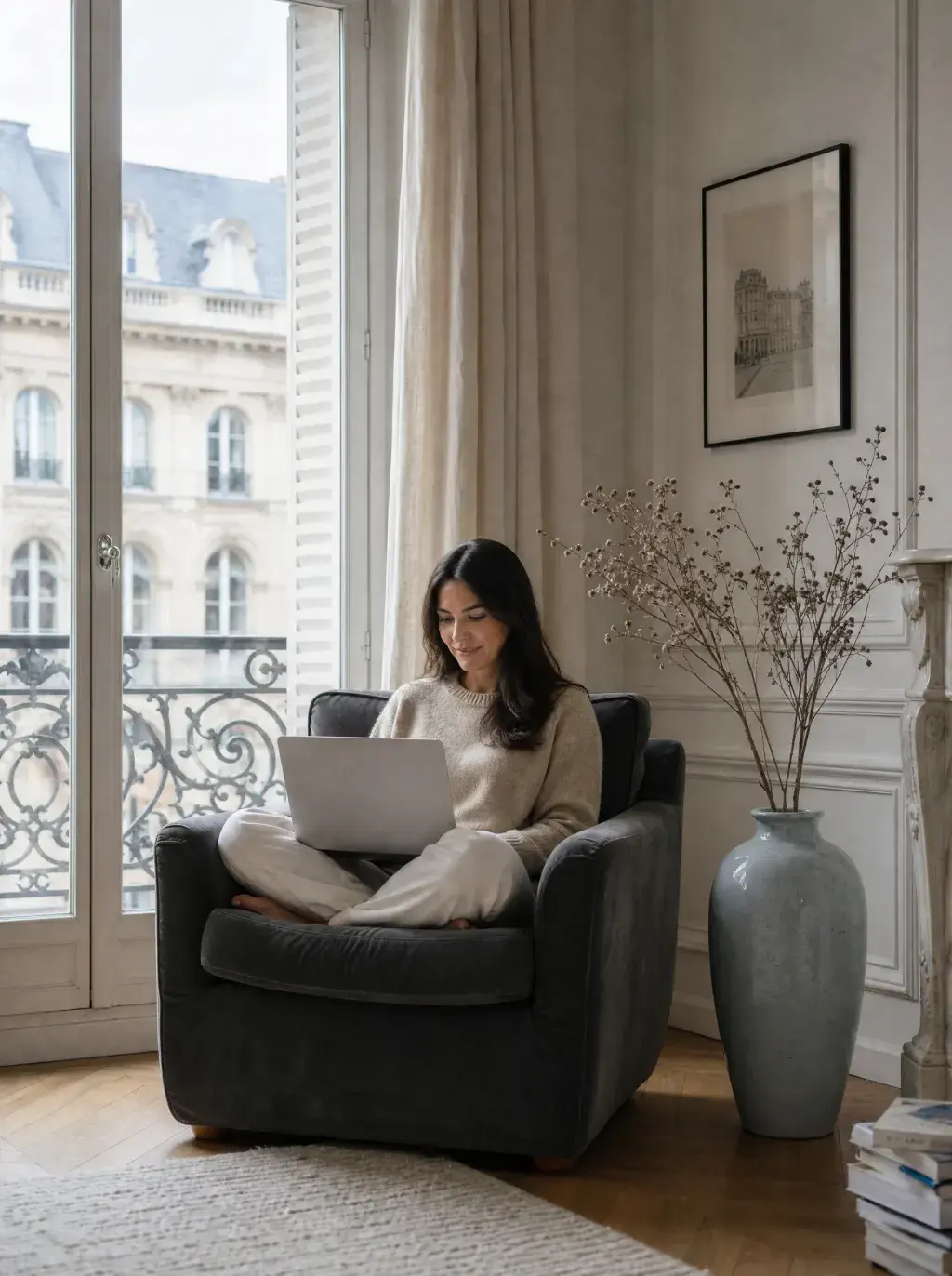 Femme en pull beige travaillant sur laptop en tailleur dans un fauteuil d'un salon haussmannien