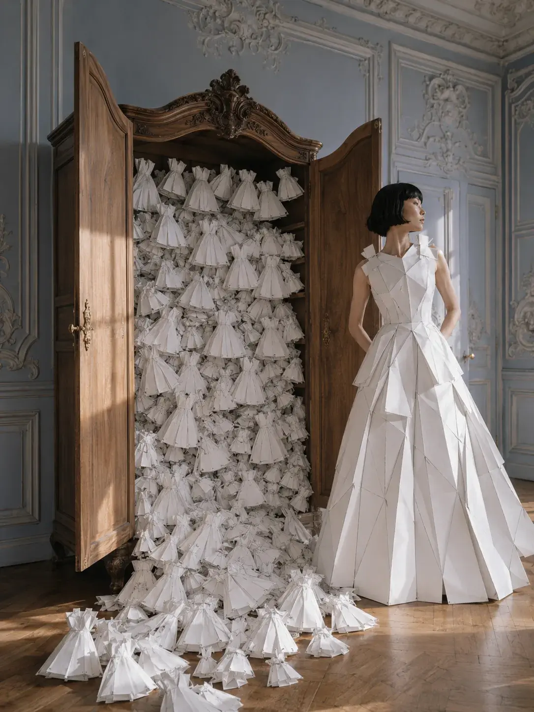 Femme en robe de bal blanche géométrique devant une armoire ancienne débordant de petites robes