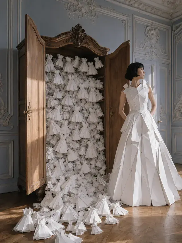 Femme en robe de bal blanche géométrique devant une armoire ancienne débordant de petites robes
