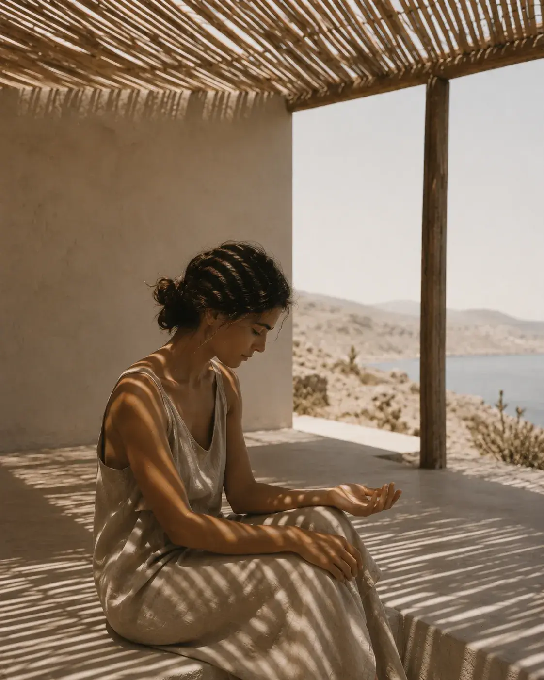 Femme en robe de lin assise sous pergola de roseau – jeu d'ombres rayées et vue mer