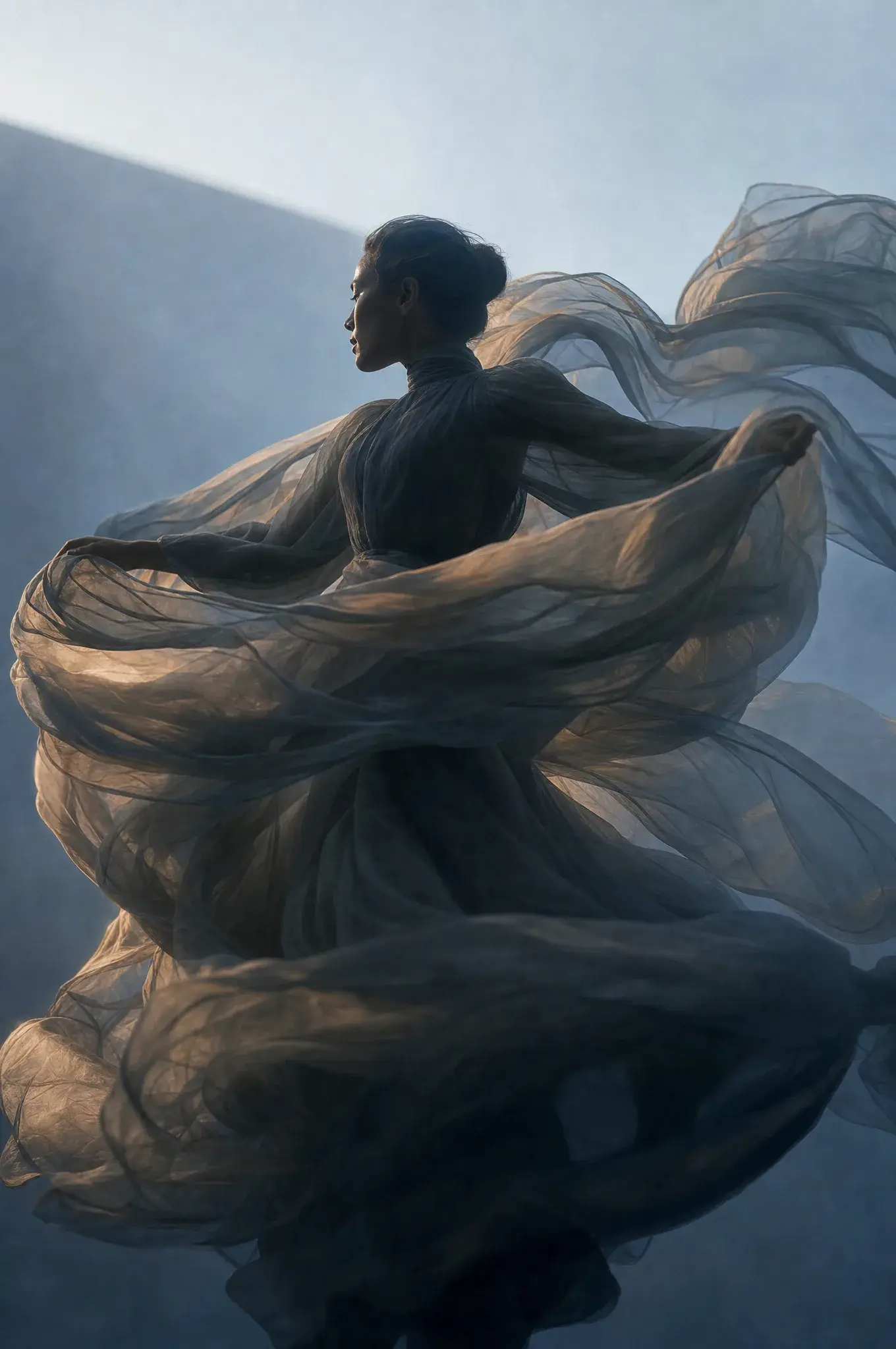 Femme en robe gaze sombre tournoyante – mouvement dynamique, fond bleu-gris montagneux