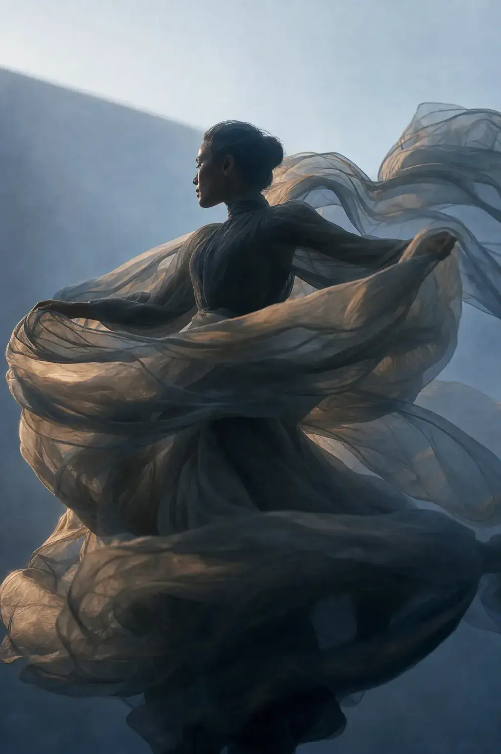 Femme en robe gaze sombre tournoyante – mouvement dynamique, fond bleu-gris montagneux